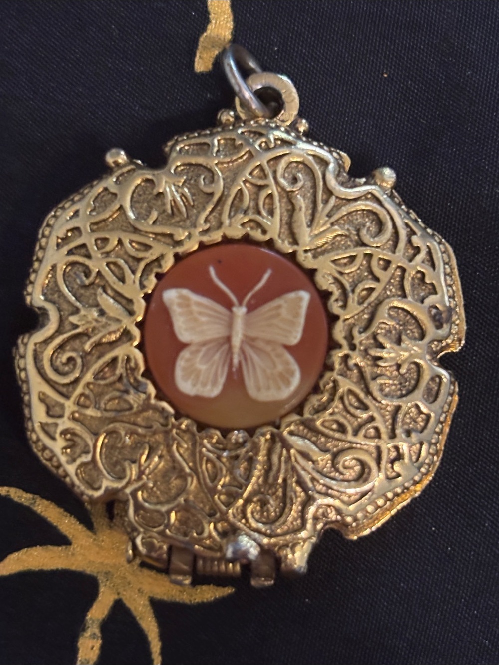 Vintage Corday butterfly cameo gold hexagon solid perfume locket pendant